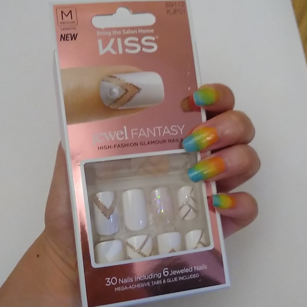 Pink Gold and White Fake Nails Sets with Glitter